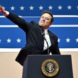 Tesla and SpaceX CEO Elon Musk gestures as he speaks during the inaugural parade inside Capitol One Arena, in Washington, DC, on January 20, 2025.,Image: 955775606, License: Rights-managed, Restrictions: , Model Release: no, Credit line: ANGELA WEISS / AFP / Profimedia