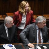 epa11782492 Italian Prime Minister Giorgia Meloni (C), with Italian Minister of European Affairs, Tommaso Foti (L), and Italian Minister of Foreign Affairs, Antonio Tajani (R), as she reports at the Chamber of Deputies on the upcoming European Council, in Rome, Italy, 17 December 2024. EU leaders will attend a European Council meeting in Brussels on 19 December.  EPA/RICCARDO ANTIMIANI