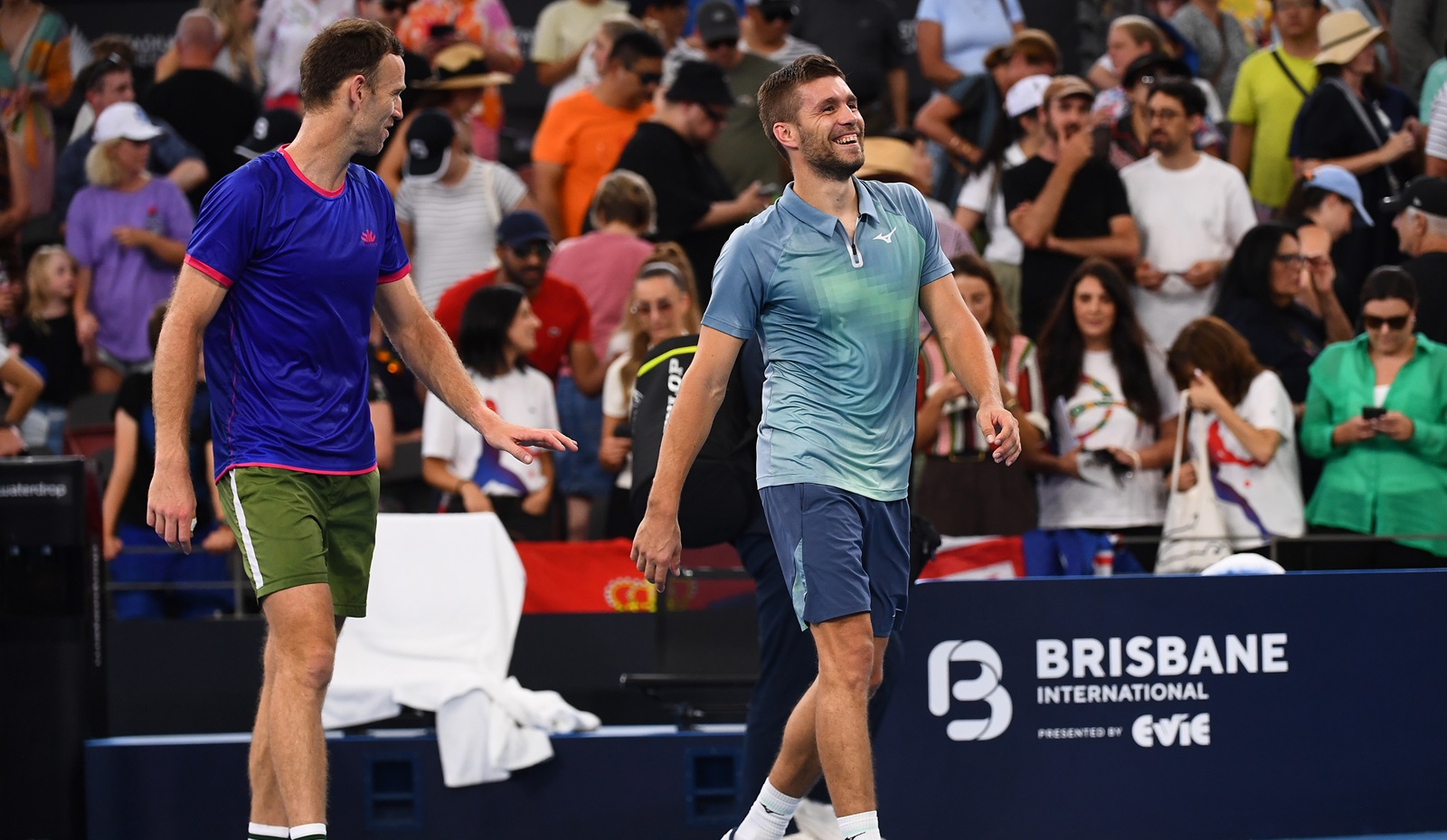 epa11800834 Michael Venus (R) of New Zealand and Nikola Mektic (L) of Croatia react after winning their doubles match against Novak Djokovic of Serbia and Nick Kyrgios of Australia at the Brisbane International tennis tournament in Queensland Tennis Centre in Brisbane, Australia, 01 January 2025.  EPA/JONO SEARLE AUSTRALIA AND NEW ZEALAND OUT