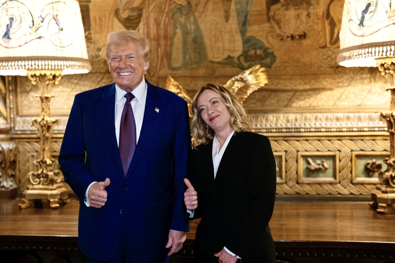 epa11806741 A handout picture made available by the Chigi Palace (Palazzo Chigi) Press Office shows Italian Prime Minister Giorgia Meloni (R) meeting with US President-elect Donald Trump at his residence in Mar-a-Lago resort, Palm Beach, Florida, USA, 04 January 2025 (issued 05 January 2025).  EPA/FILIPPO ATTILI/CHIGI PALACE PRESS OFFICE HANDOUT HANDOUT EDITORIAL USE ONLY/NO SALES