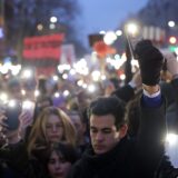 epa11820575 Protesters hold smartphones with flashlights during a protest rally in Belgrade, Serbia, 12 January 2025. University students staged a protest in front of the Constitutional Court asking for accountability after fifteen people lost their lives in the collapse of the Novi Sad Railway Station canopy on 01 November 2024. The station building, which had been renovated and reopened on 05 July 2024, was undergoing further renovations shortly before the collapse.   EPA/ANDREJ CUKIC