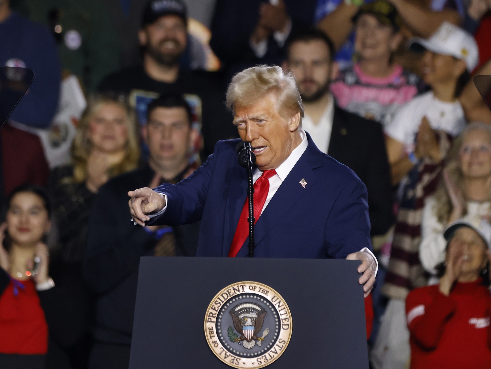 epa11853174 US President Donald J. Trump speaks at an event at the Circa Resort and Casino in Las Vegas, Nevada, USA, 25 January 2025.  EPA/BIZUAYEHU TESFAYE