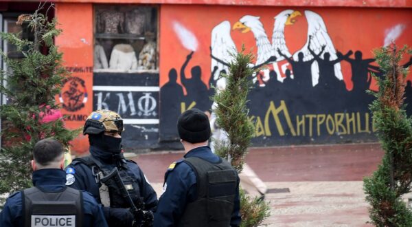 Kosovo Police officers patrol in the streets of Mitrovica, which is ethnically split between Serbs in the north and Albanians in the south, on November 30, 2024, as Kosovo stepped up security measures around "critical" infrastructure and arrested several suspects today after an explosion at a key canal feeding two of its main power plants, as neighbouring Serbia rejected accusations it had staged the blast. The explosion on November 29 near the town of Zubin Potok, which sits in an ethnic Serb-dominated area in Kosovo's troubled north, damaged a canal that supplies water to hundreds of thousands of people and cooling systems at two coal-fired power plants that generate most of Kosovo's electricity.,Image: 941253404, License: Rights-managed, Restrictions: , Model Release: no, Credit line: STRINGER / AFP / Profimedia