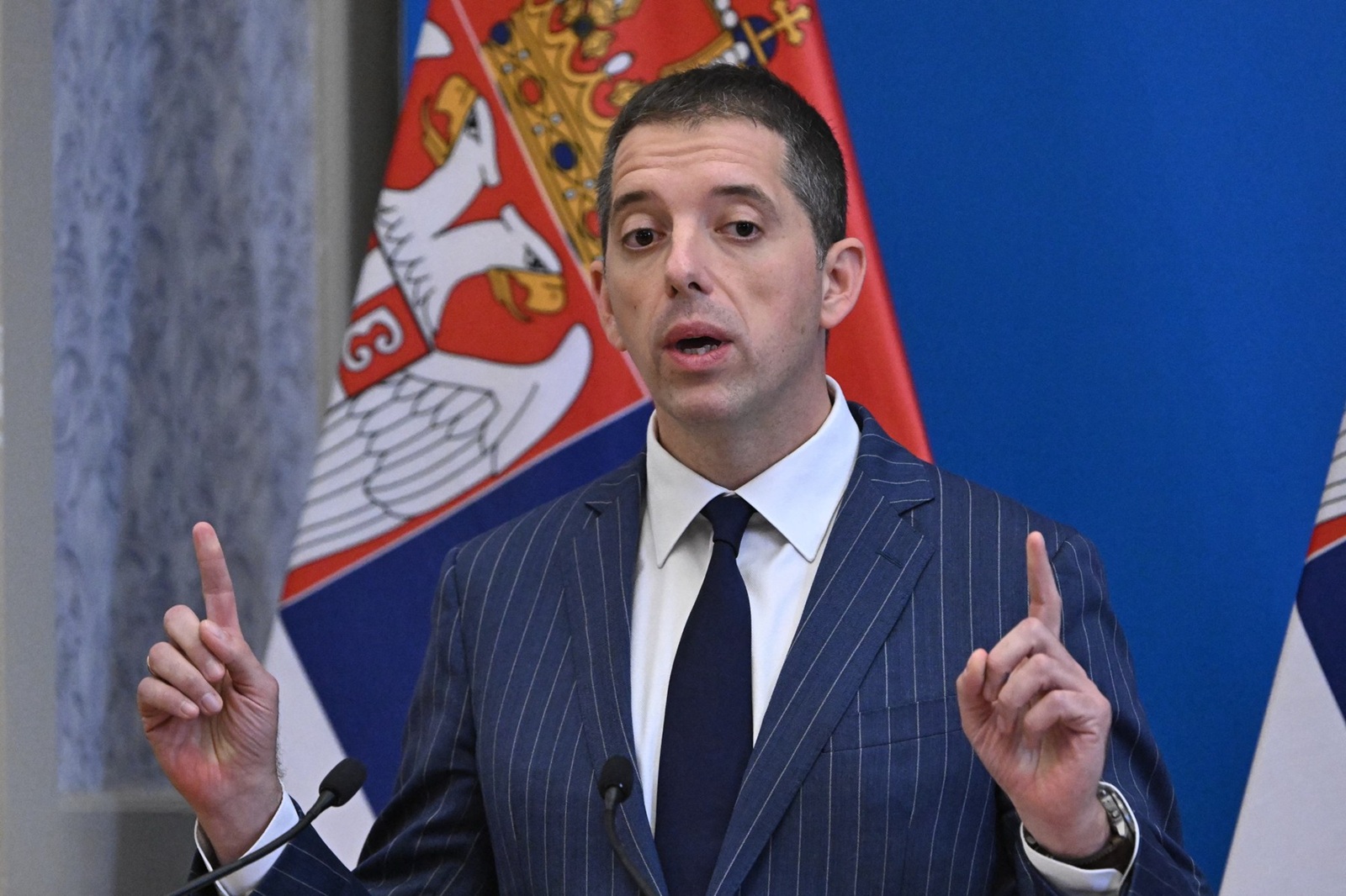 Serbian Foreign Minister Marko Duric gestures during a joint press conference with the Hungarian Foreign and Trade Minister (not in picture) in Budapest, Hungary, on May 17, 2024. The Serbian guest pays a one-day official visit to Budapest.,Image: 873861681, License: Rights-managed, Restrictions: , Model Release: no, Credit line: Attila KISBENEDEK / AFP / Profimedia