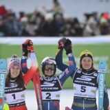 05.01.2025., Kranjska Gora, Slovenija - Druga voznja zenskog slaloma FIS Svjetskog skijaskog kupa. Wendy Holdener (drugo mjesto), Zrinka Ljutic (prvo mjesto), Anna Swenn Larsson (trece mjesto) Photo: Igor Soban/PIXSELL