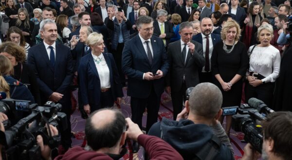 06.01.2025., Zagreb - Prijem u organizaciji Srpskog narodnog vijeca povodom pravoslavnog Bozica u hotelu Westin. Krunoslav Katicic, predsjednik Vlade RH Andrej Plenkovic, Milorad Pupovac, Boris Milosevic Photo: Davor Puklavec/PIXSELL