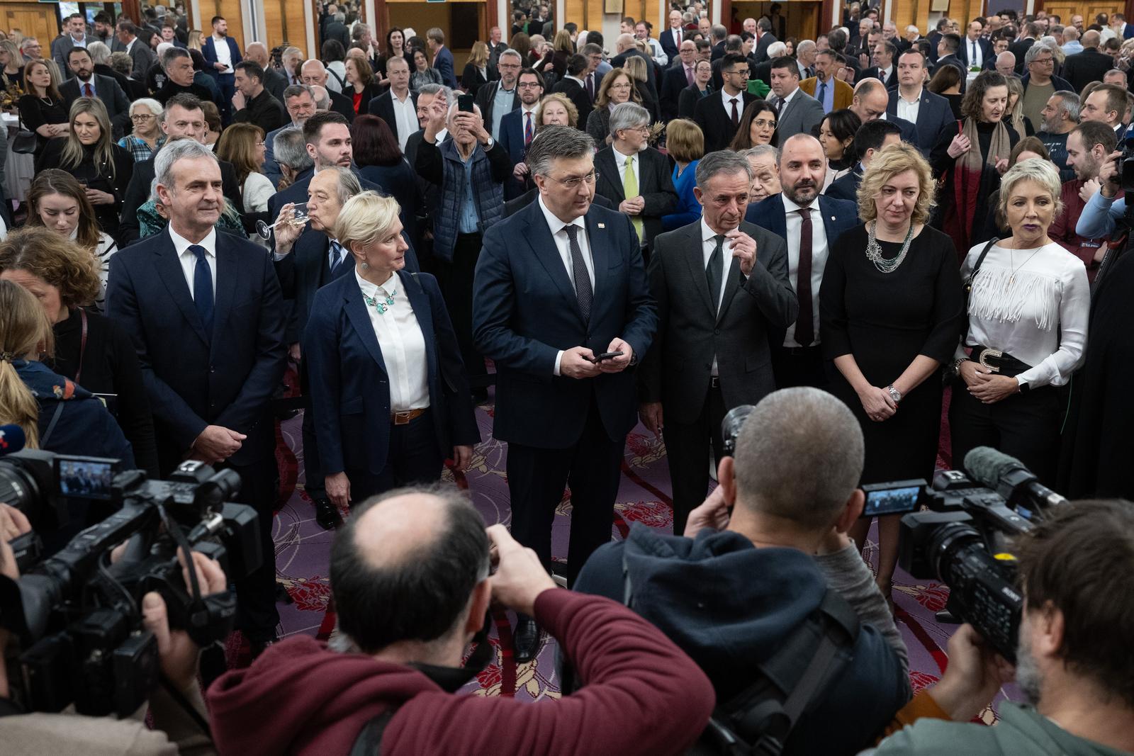 06.01.2025., Zagreb - Prijem u organizaciji Srpskog narodnog vijeca povodom pravoslavnog Bozica u hotelu Westin. Krunoslav Katicic, predsjednik Vlade RH Andrej Plenkovic, Milorad Pupovac, Boris Milosevic Photo: Davor Puklavec/PIXSELL