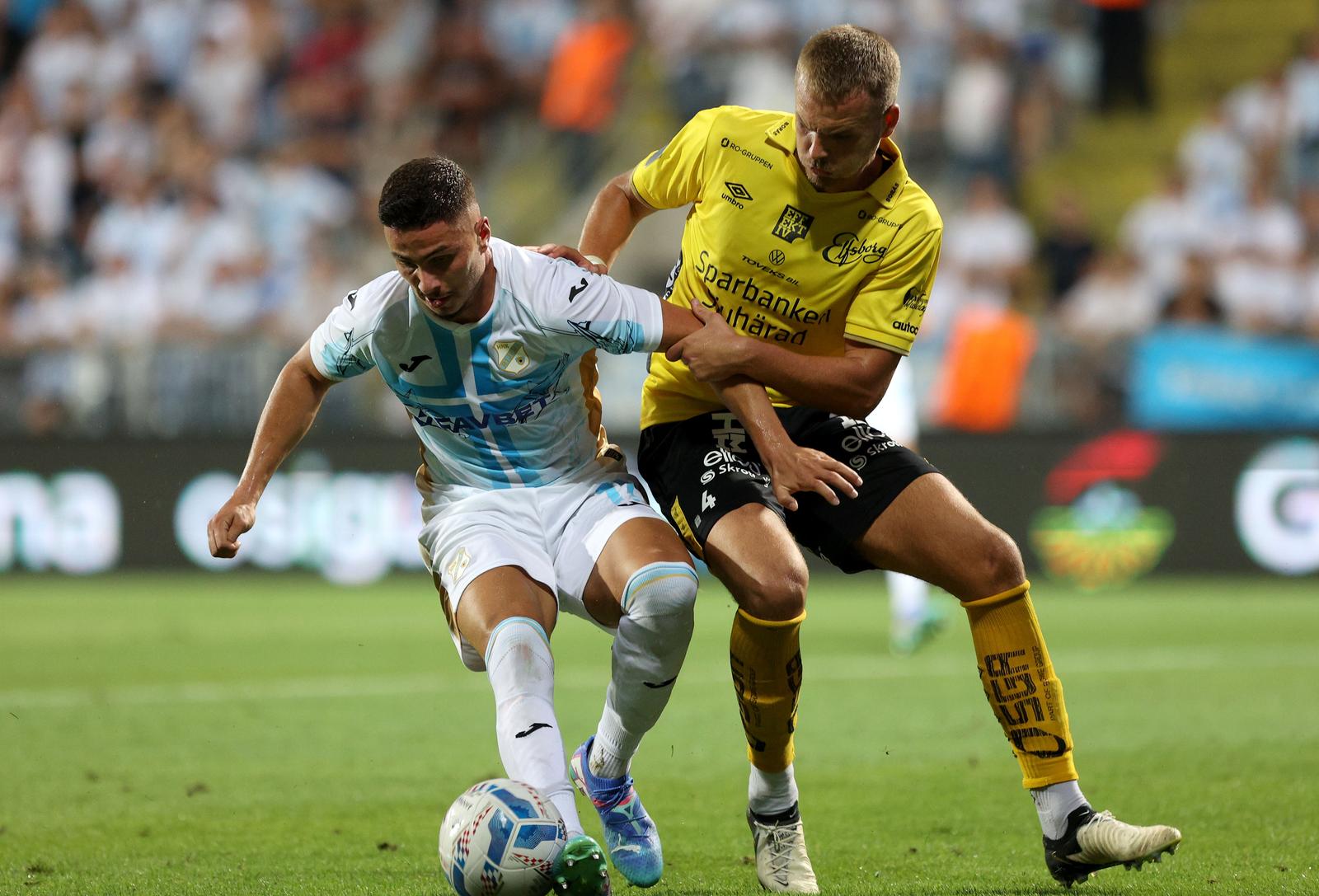 08.08.2024., stadion HNK Rijeka, Rijeka - Prva utakmica treceg pretkola UEFA Europske Lige, HNK Rijeka - IF Elfsborg. Marijan Cabraja, Gustav Henriksson Photo: Nel Pavletic/PIXSELL