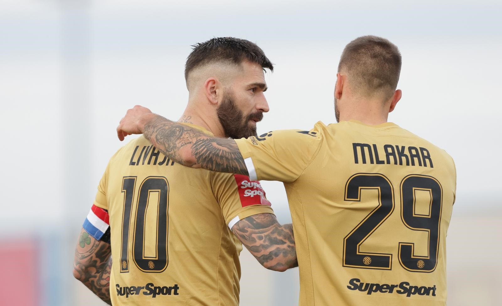 12.04.2023., stadion Ivan Kusek Apas, Koprivnica - SuperSport Hrvatski nogometni kup, polufinale, NK Slaven Belupo - HNK Hajduk. Marko Livaja, Jan Mlakar Photo: Luka Stanzl/PIXSELL