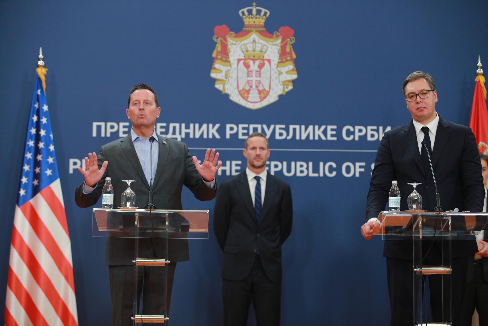 22, September, 2020, Belgrade - Press conference after the meeting of Serbian President Aleksandar Vucic and Prime Minister Ana Brnabic with US President's Special Envoy for Belgrade-Pristina Dialogue Richard Grenell and Executive Director of the International Development Finance Corporation Adam Boehler. Richard Grenell, Adam Boehle, Aleksandar Vucic. Photo: Milos Tesic/ATAImages/PIXSELLrr22, septembar, 2020, Beograd - Konferencija za novinare posle sastanak predsednika Srbije Aleksandra Vucica i premijerke Ane Brnabic sa specijalnim izaslanikom predsednika SAD za dijalog Beograd-Pristina Richardom Grenellom i izvrsnim direktorom Medjunarodne razvojne finansijske korporacije SAD Adamom Boehlerom. Photo: Milos Tesic/ATAImages/PIXSELL