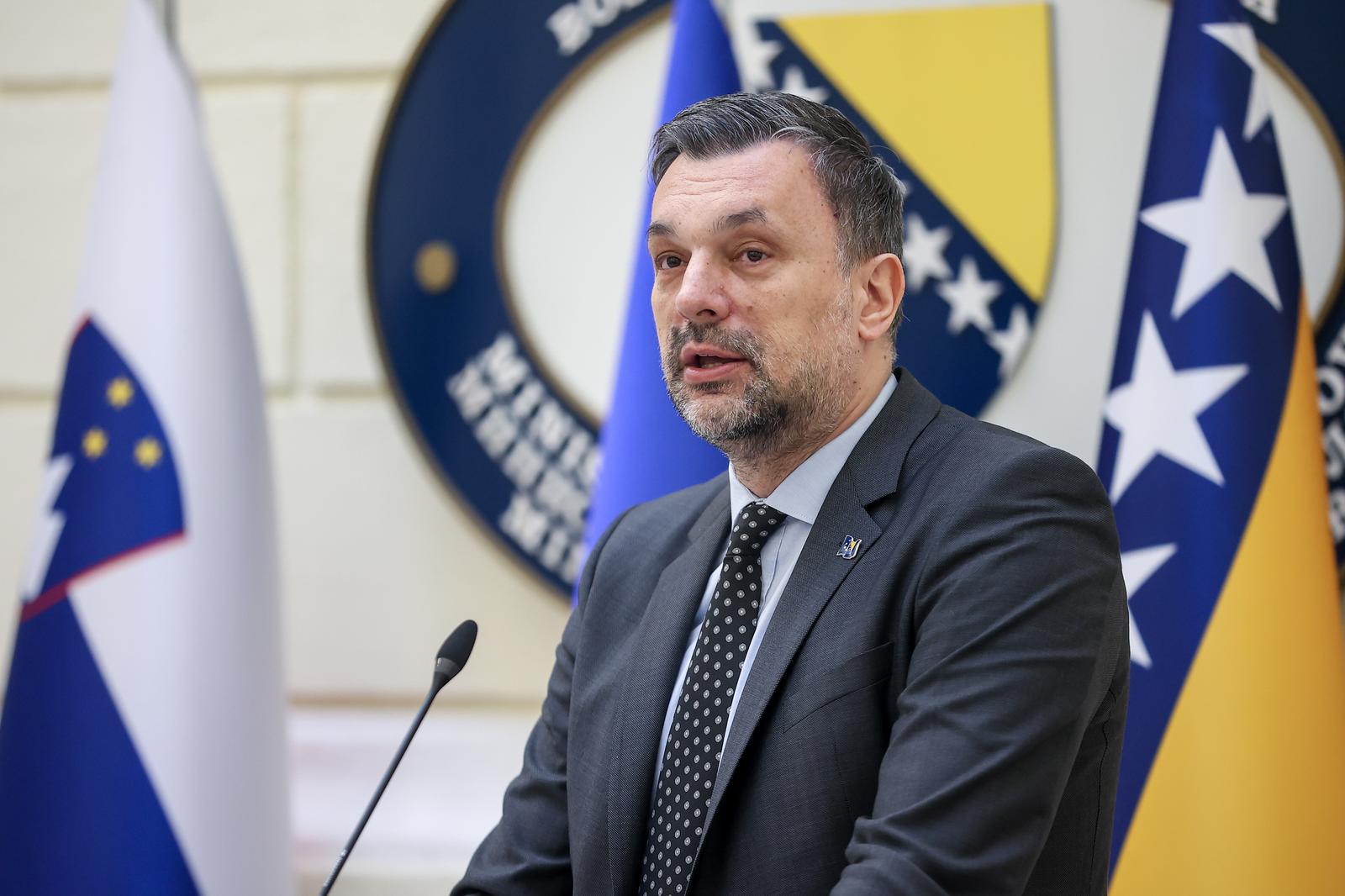 25.03.2024., Sarajevo, Bosna i Hercegovina - Ministar vanjskih poslova BiH Elmedin Konakovic sastao se s potpredsjednicom Vlade i ministricom vanjskih i europskih poslova Republike Slovenije Tanjom Fajon te su odrzali konferenciju za medije. Photo: Armin Durgut/PIXSELL