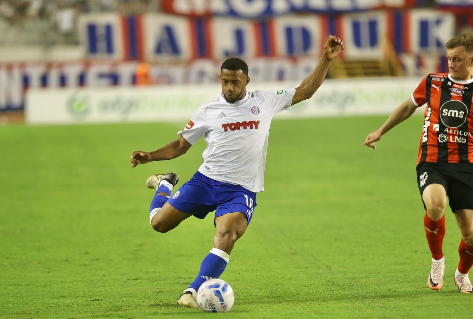 25.07.2024., Split - Prva utakmica drugog pretkola Konferencijske Lige: HNK Hajduk - HB Torshavn.Fahd Moufi s loptom. Photo: Ivo Cagalj/PIXSELL