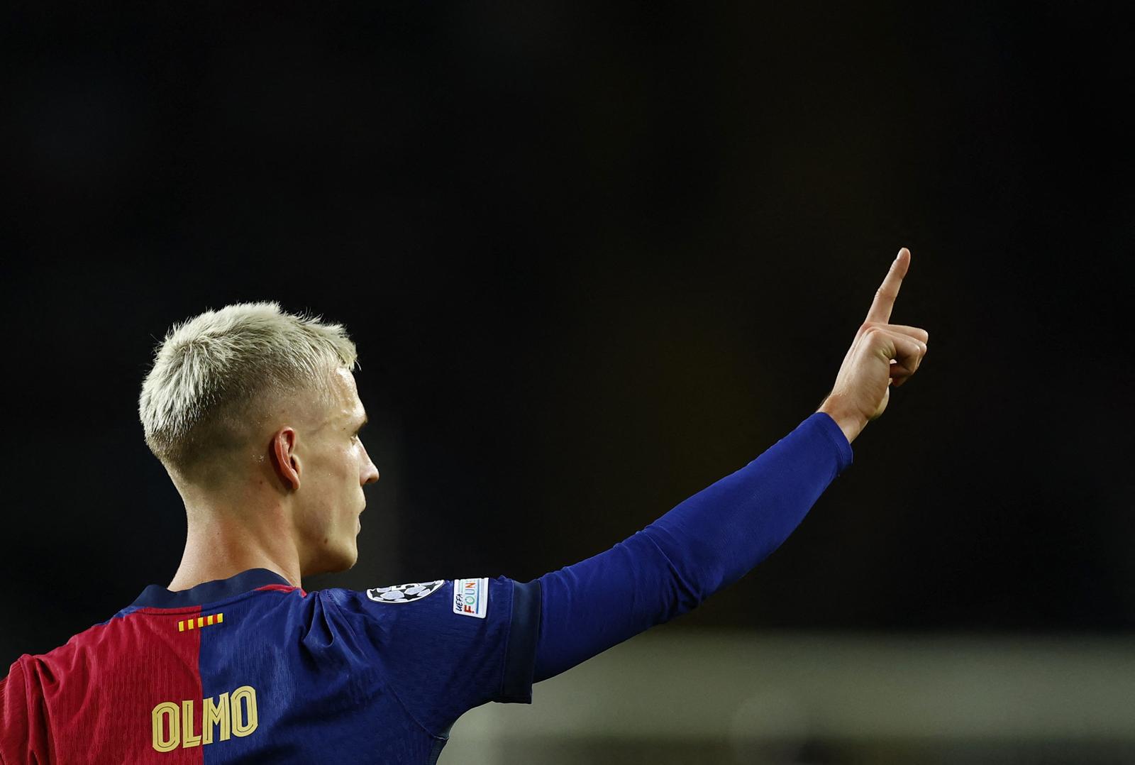 Soccer Football - Champions League - FC Barcelona v Brest - Estadi Olimpic Lluis Companys, Barcelona, Spain - November 26, 2024 FC Barcelona's Dani Olmo celebrates scoring their second goal REUTERS/Albert Gea Photo: ALBERT GEA/REUTERS