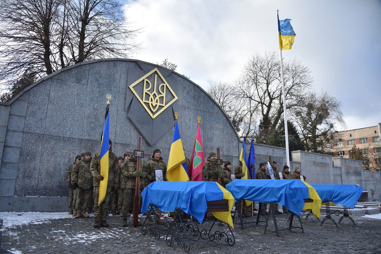 LVIV, UKRAINE - JANUARY 04: Ukrainian soldiers attend the funeral service for three Ukrainian soldiers, Roman Kolodiy, Taras Sovhan, and Roman Kashuba, who lost their lives in the Russian-Ukrainian war, on January 4, 2025, in Lviv, Ukraine. The ceremony was held at the Garrison Church of the Holy Apostles Peter and Paul, followed by their burial at the Field of Honor in Lychakiv Cemetery. Michael Sorrow / Anadolu/ABACAPRESS.COM,Image: 951735836, License: Rights-managed, Restrictions: , Model Release: no, Credit line: AA/ABACA / Abaca Press / Profimedia