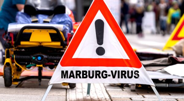 Germany - October 3, 2024: Warning sign: Marburg virus, in front of emergency paramedics on a street. Symbolic image of the dangerous virus spreading and infecting others. PHOTOMONTAGE *** Warnschild: Marburg-Virus, vor Notfallsanitätern auf einer Straße. Symbolbild Notfall und Ansteckung des gefährlichen Virus. FOTOMONTAGE,Image: 915611711, License: Rights-managed, Restrictions: imago is entitled to issue a simple usage license at the time of provision. Personality and trademark rights as well as copyright laws regarding art-works shown must be observed. Commercial use at your own risk., Model Release: no, Credit line: Michael Bihlmayer / imago stock&people / Profimedia