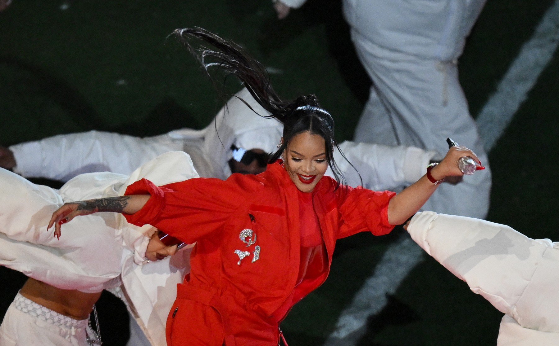 Barbadian singer Rihanna performs during the halftime show of Super Bowl LVII between the Kansas City Chiefs and the Philadelphia Eagles at State Farm Stadium in Glendale, Arizona, on February 12, 2023.,Image: 755620103, License: Rights-managed, Restrictions: , Model Release: no, Credit line: ANGELA WEISS / AFP / Profimedia