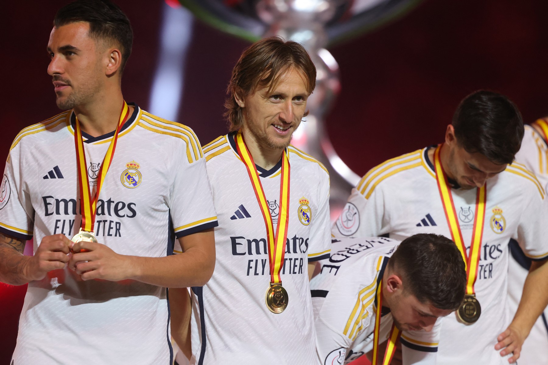 Real Madrid's Spanish midfielder #19 Dani Ceballos and Real Madrid's Croatian midfielder #10 Luka Modric look on during the medal ceremony after the Spanish Super Cup final football match between Real Madrid and Barcelona at the Al-Awwal Park Stadium in Riyadh, on January 14, 2024.,Image: 837055174, License: Rights-managed, Restrictions: , Model Release: no, Credit line: Fayez NURELDINE / AFP / Profimedia