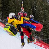 Switzerland's Remi Cuche is airlifted by helicopter after crashing during the second training of the men's Downhill of FIS ski alpine world cup in Kitzbuehel, Austria on January 17, 2024.,Image: 838037242, License: Rights-managed, Restrictions: Austria OUT
SOUTH TYROL OUT, Model Release: no, Credit line: Johann GRODER / AFP / Profimedia