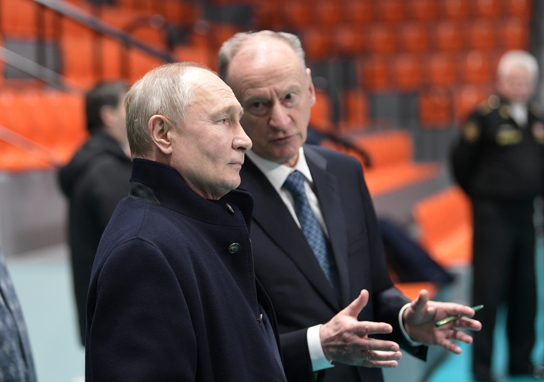 8606907 26.01.2024 Russian President Vladimir Putin and Russian Security Council secretary Nikolai Patrushev, right, inspect the sports hall during his visit to St. Petersburg State Maritime Technical University, in St. Petersburg, Russia.,Image: 840819253, License: Rights-managed, Restrictions: Editors' note: THIS IMAGE IS PROVIDED BY RUSSIAN STATE-OWNED AGENCY SPUTNIK., Model Release: no, Credit line: Alexei Danichev / Sputnik / Profimedia