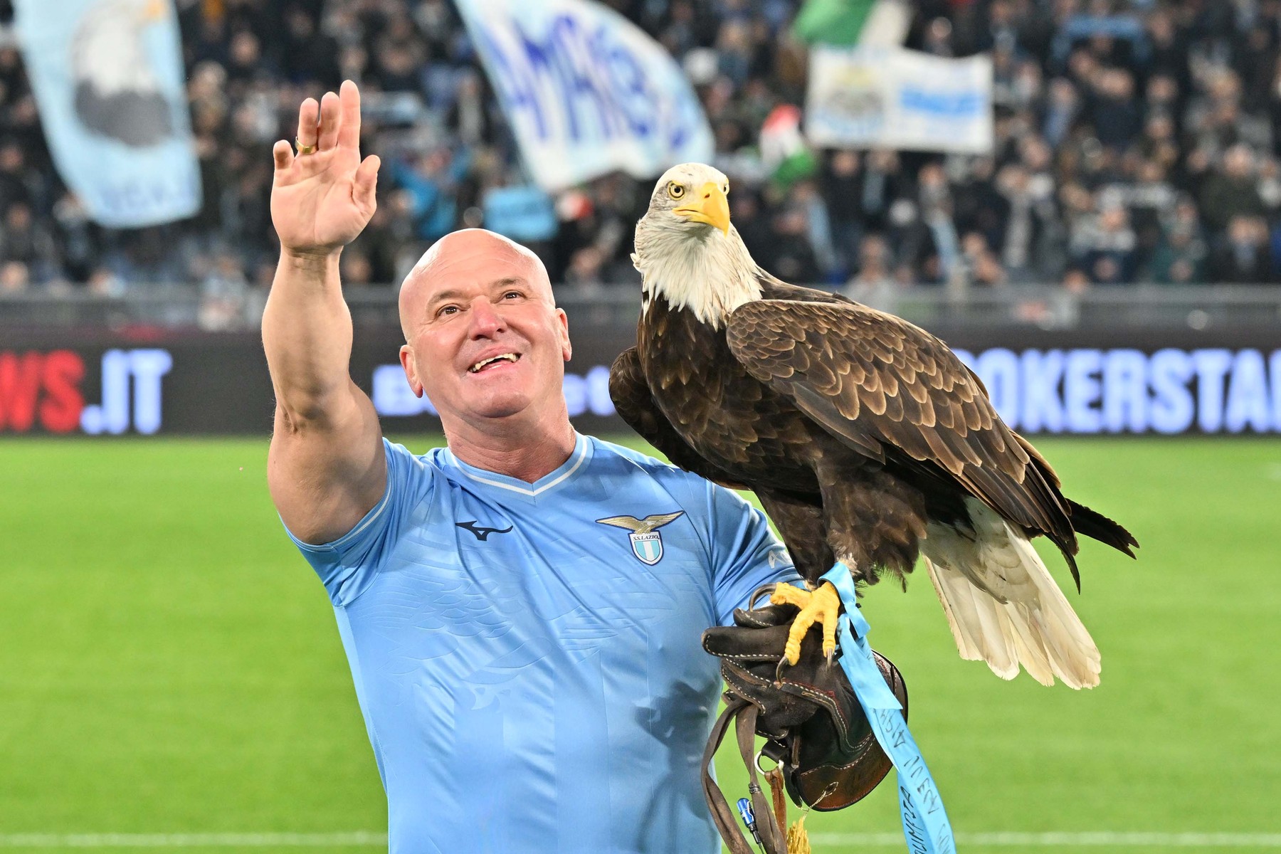 March 2, 2024, Italy: Foto IPP/Felice De Martino .Roma 01/03/2024 .Calcio Campionato serie A 2023-2024 .Lazio - Milan .Nella foto:  L' aquila Olimpia con il suo istruttore, il falconiere Juan Bernabe',Image: 852919807, License: Rights-managed, Restrictions: * China, France, Italy, Germany, Japan, Netherlands, Poland, Switzerland and UK Rights OUT *, Model Release: no, Credit line: Italy Photo Press / Zuma Press / Profimedia