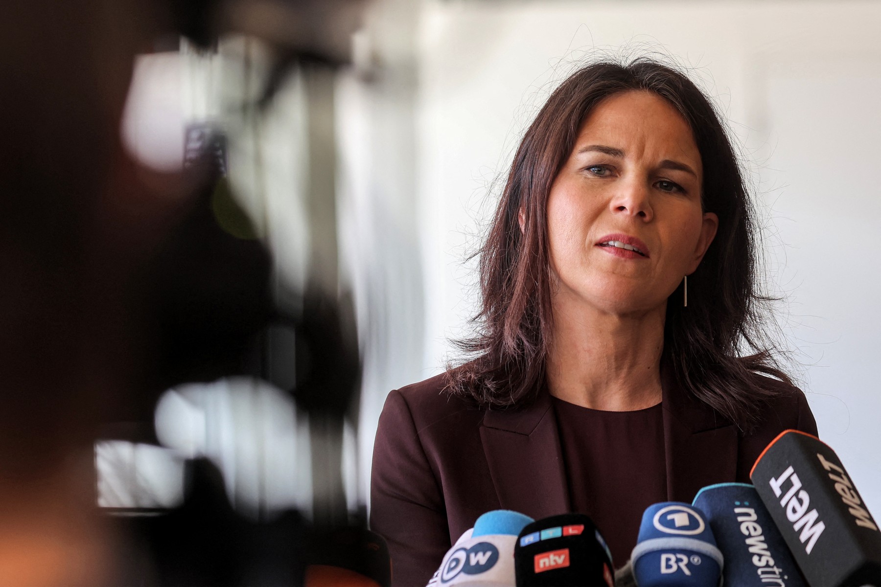 German Foreign Minister Annalena Baerbock briefs the press at Ben Gurion International Airport on April 17, 2024 during her visit amid the ongoing conlfict in the Gaza Strip between Israel and the Palestinian militant group Hamas.,Image: 865617689, License: Rights-managed, Restrictions: , Model Release: no, Credit line: GIL COHEN-MAGEN / AFP / Profimedia