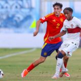 Achna, Cyprus, May 21st 2024: Jesus Fortea 2 Spain and Cardoso Varela 11 Portugal during the UEFA European Under-17 Championship match between Spain and Portugal at Dasaki Achnas Stadium, in Achna, Cyprus. Copyright: xCharaxSavvidoux/xSPPx spp-en-ChSaSp-CHA_2051,Image: 875216946, License: Rights-managed, Restrictions: PUBLICATIONxNOTxINxBRAxMEX, Model Release: no, Credit line: Chara Savvidou / SPP / imago sportfotodienst / Profimedia