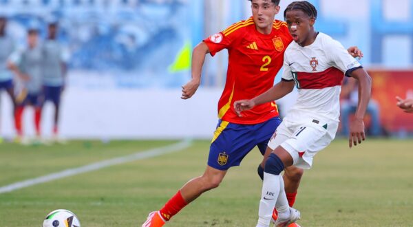 Achna, Cyprus, May 21st 2024: Jesus Fortea 2 Spain and Cardoso Varela 11 Portugal during the UEFA European Under-17 Championship match between Spain and Portugal at Dasaki Achnas Stadium, in Achna, Cyprus. Copyright: xCharaxSavvidoux/xSPPx spp-en-ChSaSp-CHA_2051,Image: 875216946, License: Rights-managed, Restrictions: PUBLICATIONxNOTxINxBRAxMEX, Model Release: no, Credit line: Chara Savvidou / SPP / imago sportfotodienst / Profimedia