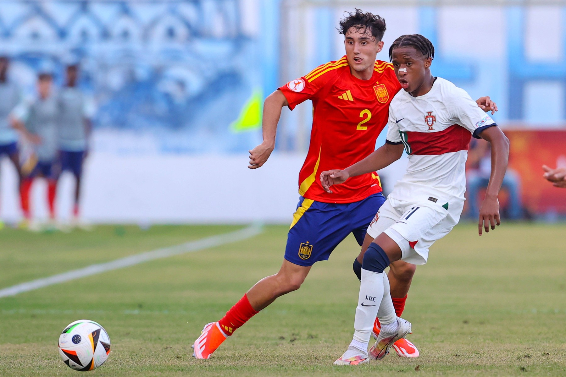 Achna, Cyprus, May 21st 2024: Jesus Fortea 2 Spain and Cardoso Varela 11 Portugal during the UEFA European Under-17 Championship match between Spain and Portugal at Dasaki Achnas Stadium, in Achna, Cyprus. Copyright: xCharaxSavvidoux/xSPPx spp-en-ChSaSp-CHA_2051,Image: 875216946, License: Rights-managed, Restrictions: PUBLICATIONxNOTxINxBRAxMEX, Model Release: no, Credit line: Chara Savvidou / SPP / imago sportfotodienst / Profimedia