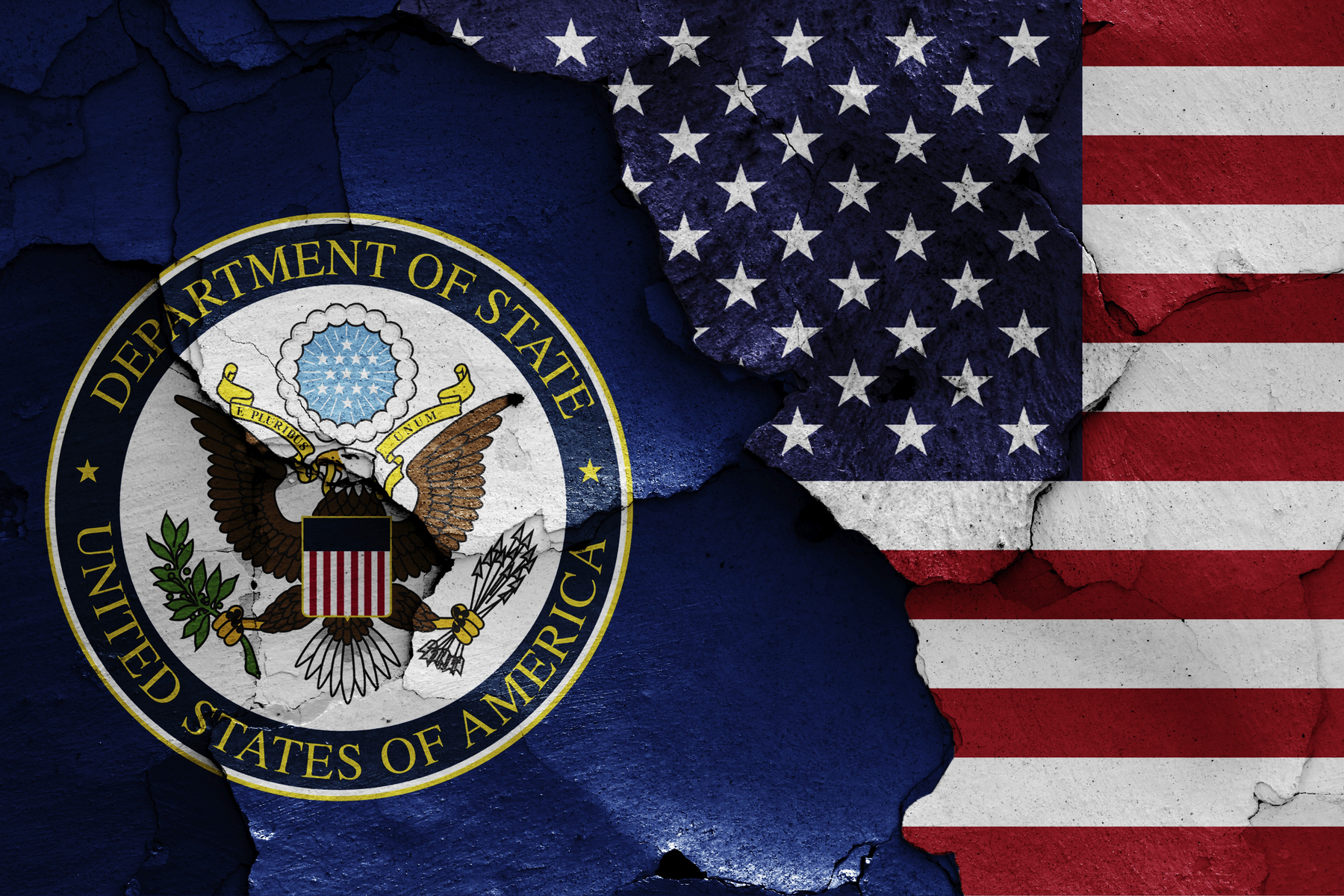 Flags of Department of State and USA painted on cracked wall,Image: 881070623, License: Royalty-free, Restrictions: , Model Release: no, Credit line: daniel0Z / imageBROKER / Profimedia