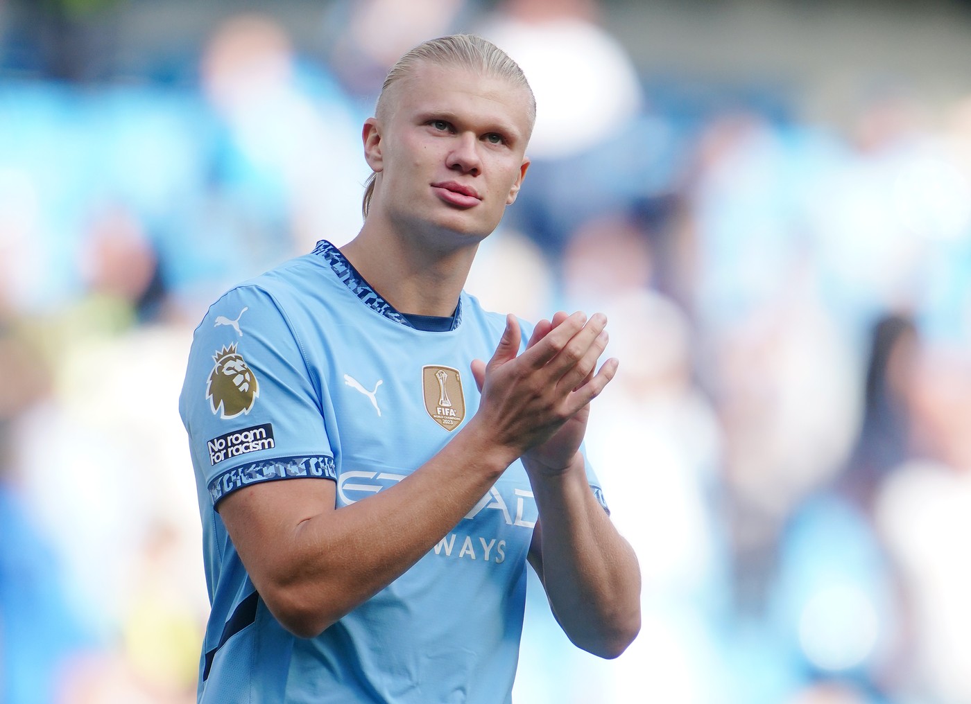 File photo dated 24-08-2024 of Manchester City's Erling Haaland who has signed a new nine-and-a-half year contract, Manchester City have announced. Issue date: Friday January 17, 2025.,Image: 901238696, License: Rights-managed, Restrictions: FILE PHOTO EDITORIAL USE ONLY No use with unauthorised audio, video, data, fixture lists, club/league logos or "live" services. Online in-match use limited to 120 images, no video emulation. No use in betting, games or single club/league/player publica..., Model Release: no, Credit line: Peter Byrne / PA Images / Profimedia