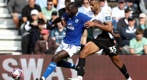 Cardiff City's Wilfried Kanga (left) and Derby County's Curtis Nelson battle for the ball during the Sky Bet Championship match at Pride Park, Derby. Picture date: Saturday September 14, 2024.,Image: 907636543, License: Rights-managed, Restrictions: RESTRICTIONS: EDITORIAL USE ONLY No use with unauthorised audio, video, data, fixture lists, club/league logos or 