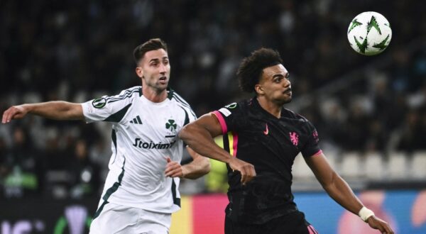 Chelsea's Portuguese midfielder #40 Renato Veiga (R) fights for the ball with Panathinaikos' Slovenian forward #09 Andraz Sporar during the UEFA Conference League, League Phase - Matchday 2, football match between Panathinaikos FC and Chelsea FC at the Olympic Athletic Center in Athens on October 24, 2024.,Image: 925900415, License: Rights-managed, Restrictions: , Model Release: no, Credit line: Angelos TZORTZINIS / AFP / Profimedia