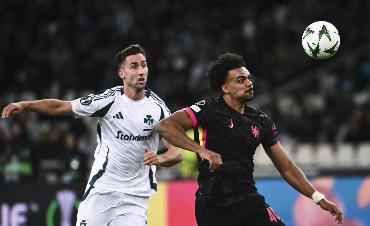 Chelsea's Portuguese midfielder #40 Renato Veiga (R) fights for the ball with Panathinaikos' Slovenian forward #09 Andraz Sporar during the UEFA Conference League, League Phase - Matchday 2, football match between Panathinaikos FC and Chelsea FC at the Olympic Athletic Center in Athens on October 24, 2024.,Image: 925900415, License: Rights-managed, Restrictions: , Model Release: no, Credit line: Angelos TZORTZINIS / AFP / Profimedia