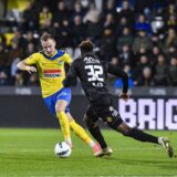 Westerlo's Matija Frigan and Mechelen's Aziz Ouatarra pictured in action during a soccer match between KVC Westerlo and KV Mechelen, Friday 20 December 2024 in Westerlo, on day 19 of the 2024-2025 season of the 'Jupiler Pro League' first division of the Belgian championship. BELGA PHOTO GOYVAERTS,Image: 948901050, License: Rights-managed, Restrictions: *** World Rights Except Belgium and France *** BELOUT FRAOUT, Model Release: no, Credit line: Belga / ddp USA / Profimedia