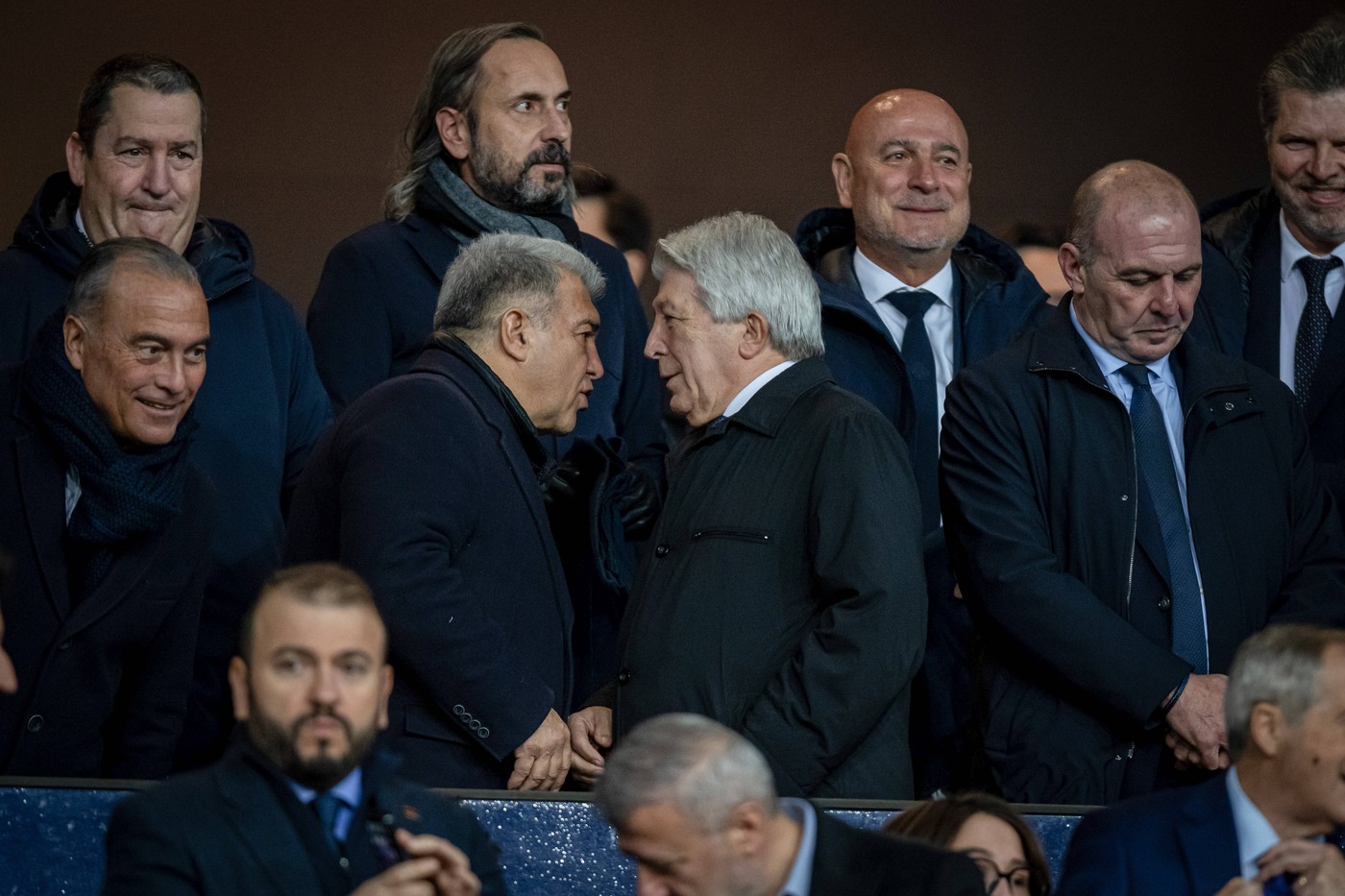 FC Barcelona president Joan Laporta and Cerezo (Atl?tico de Madrid President) seen in action during a La Liga EA Sports match between FC Barcelona and Atletico de Madrid at Estadi Olimpic Lluís Companys. Final Score: FC Barcelona 1 - 2 Atletico de Madrid. - Felipe Mondino / SOPA Images//SOPAIMAGES_sopa011326/Credit:SOPA Images/SIPA/2412221009,Image: 949233296, License: Rights-managed, Restrictions: , Model Release: no, Credit line: SOPA Images / Sipa Press / Profimedia