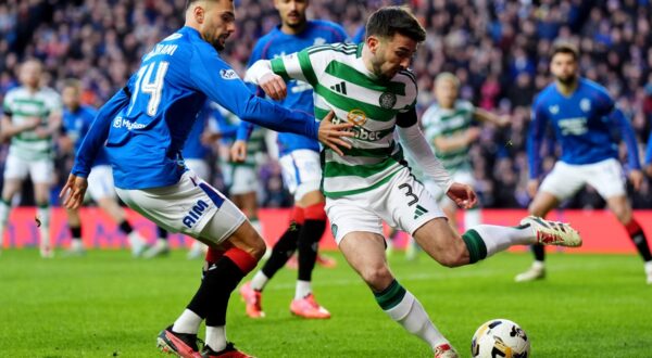 Celtic's Greg Taylor (right) and Rangers' Nedim Bajrami (left) battle for the ball during the William Hill Premiership match at Ibrox Stadium, Glasgow. Picture date: Thursday January 2, 2025.,Image: 951364949, License: Rights-managed, Restrictions: Use subject to restrictions. Editorial use only, no commercial use without prior consent from rights holder., Model Release: no, Credit line: Andrew Milligan / PA Images / Profimedia