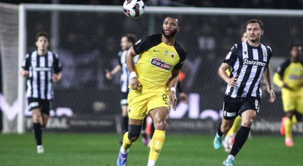 January 9, 2025, Thessaloniki, Greece: AEK's Harold Moukoudi in action during a Greek Soccer Cup game between PAOK FC and AEK FC. Game result 1-1.,Image: 952654637, License: Rights-managed, Restrictions: , Model Release: no, Credit line: Giannis Papanikos / Zuma Press / Profimedia