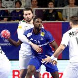 France's left back # 34 Karl Konan (C) fights for the ball with Portugal's center half #10 Miguel Martins (2nd L)  during a friendly handball match between France and Portugal at the Rhenus Stadium in Strasbourg, eastern France, on January 10, 2025.,Image: 952822384, License: Rights-managed, Restrictions: , Model Release: no, Credit line: FREDERICK FLORIN / AFP / Profimedia