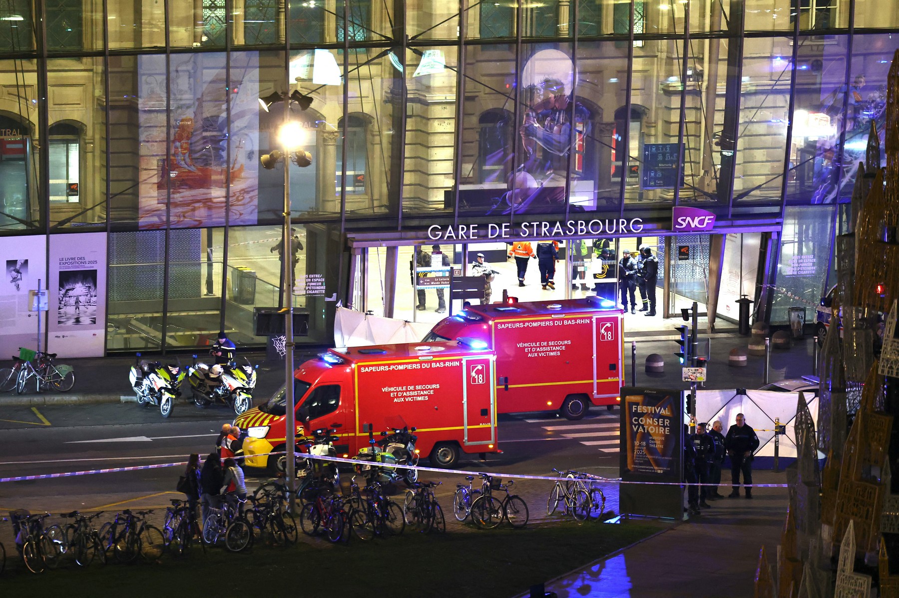 Firefighters' and rescue vehicles are stationed outside the Strasbourg railway station  following a collision of two trams, in Strasbourg, eastern France, on January 11, 2025. Two trams collided in a tunnel in the eastern French city of Strasbourg on January 11, 2025, injuring twenty people, the authorities said. "Twenty people" have been injured, said a spokesman for the prefecture, adding that the cause of the accident had not yet been established.,Image: 952964214, License: Rights-managed, Restrictions: , Model Release: no, Credit line: FREDERICK FLORIN / AFP / Profimedia