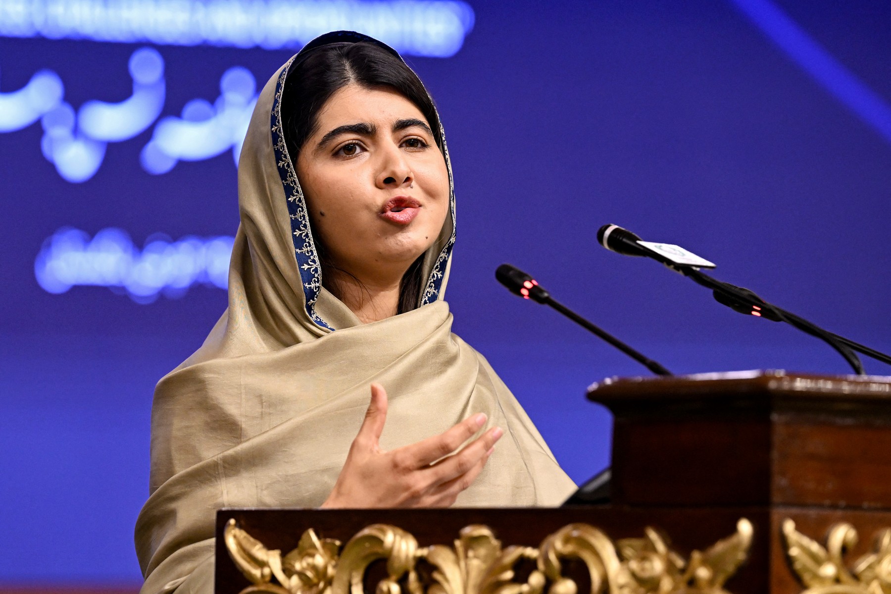 Nobel Peace Prize Laureate Malala Yousafzai speaks during an international summit on 'Girls’ Education in Muslim Communities', in Islamabad on January 12, 2025. Yousafzai, a Pakistani education activist urged Muslim leaders on January 12, not to "legitimise" the Afghan Taliban government and to "show true leadership" by opposing their curbs on women and girls' education.,Image: 953100677, License: Rights-managed, Restrictions: , Model Release: no, Credit line: Aamir QURESHI / AFP / Profimedia