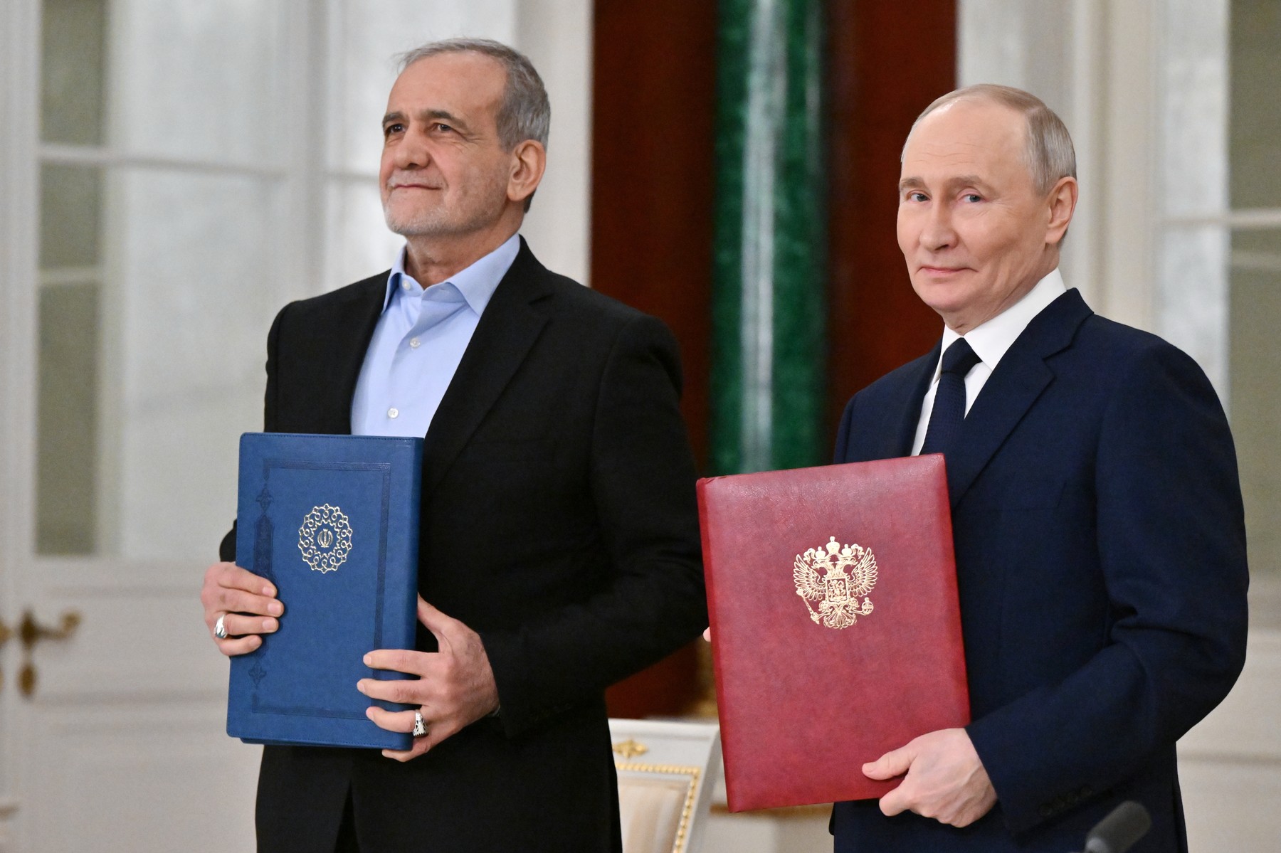 8842484 17.01.2025 Russian President Vladimir Putin and Iranian President Masoud Pezeshkian attend a ceremony to sign an agreement of comprehensive strategic partnership between two countries at the Kremlin in Moscow, Russia.,Image: 954548430, License: Rights-managed, Restrictions: Editors' note: THIS IMAGE IS PROVIDED BY RUSSIAN STATE-OWNED AGENCY SPUTNIK., Model Release: no, Credit line: Kristina Kormilitsyna / Sputnik / Profimedia