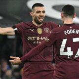 Manchester City's Croatian midfielder #08 Mateo Kovacic (L) celebrates with Manchester City's English midfielder #47 Phil Foden after scoring their second goal during the English Premier League football match between Ipswich Town and Manchester City at Portman Road in Ipswich, eastern England on January 19, 2025.,Image: 955379170, License: Rights-managed, Restrictions: RESTRICTED TO EDITORIAL USE. No use with unauthorized audio, video, data, fixture lists, club/league logos or 'live' services. Online in-match use limited to 120 images. An additional 40 images may be used in extra time. No video emulation. Social media in-match use limited to 120 images. An additional 40 images may be used in extra time. No use in betting publications, games or single club/league/player publications., Model Release: no, Credit line: Ben STANSALL / AFP / Profimedia