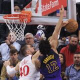 January 19, 2025, Inglewood, California, USA: Ivica Zubac #40 of the Los Angeles Clippers blocks a shot attempt from Max Christie #12 of the Los Angeles Lakers during their regular season NBA game on Sunday January 19, 2025 at Intuit Dome in Inglewood, California. Clippers defeat Lakers, 116-102. ARIANA RUIZ/PI,Image: 955563903, License: Rights-managed, Restrictions: , Model Release: no, Credit line: Ariana Ruiz / Zuma Press / Profimedia