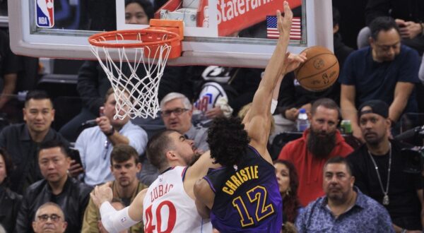 January 19, 2025, Inglewood, California, USA: Ivica Zubac #40 of the Los Angeles Clippers blocks a shot attempt from Max Christie #12 of the Los Angeles Lakers during their regular season NBA game on Sunday January 19, 2025 at Intuit Dome in Inglewood, California. Clippers defeat Lakers, 116-102. ARIANA RUIZ/PI,Image: 955563903, License: Rights-managed, Restrictions: , Model Release: no, Credit line: Ariana Ruiz / Zuma Press / Profimedia