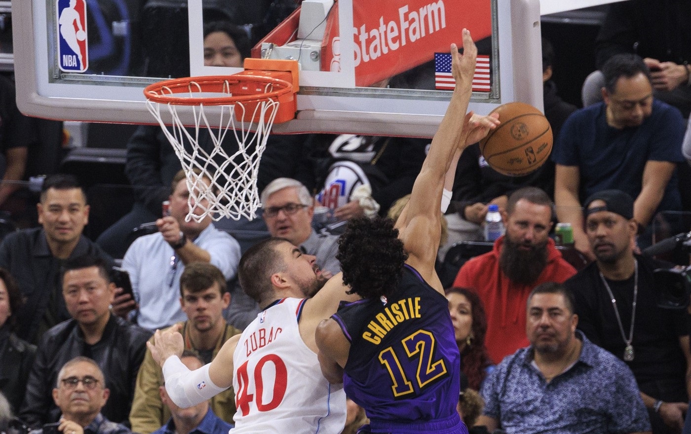 January 19, 2025, Inglewood, California, USA: Ivica Zubac #40 of the Los Angeles Clippers blocks a shot attempt from Max Christie #12 of the Los Angeles Lakers during their regular season NBA game on Sunday January 19, 2025 at Intuit Dome in Inglewood, California. Clippers defeat Lakers, 116-102. ARIANA RUIZ/PI,Image: 955563903, License: Rights-managed, Restrictions: , Model Release: no, Credit line: Ariana Ruiz / Zuma Press / Profimedia