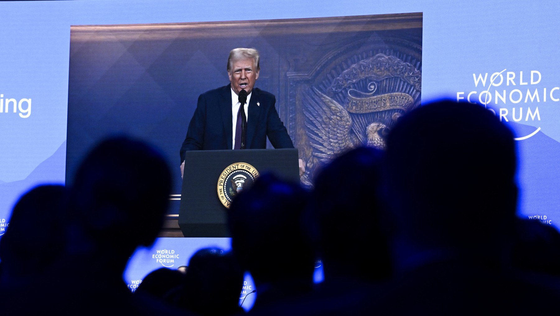 DAVOS, SWITZERLAND - JANUARY 23: President of the United States of America (USA) Donald Trump, makes a speech via video-conference during the the 55th annual meeting of the World Economic Forum (WEF) in Davos, Switzerland on January 23, 2025. Halil Sagirkaya / Anadolu,Image: 956898484, License: Rights-managed, Restrictions: , Model Release: no, Credit line: HALIL SAGIRKAYA / AFP / Profimedia